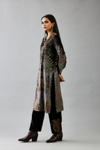 Grey silk velvet straight mid length kurta with all-over hand block print, highlighted with beads, sequins and zari work.