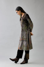 Grey silk velvet straight mid length kurta with all-over hand block print, highlighted with beads, sequins and zari work.