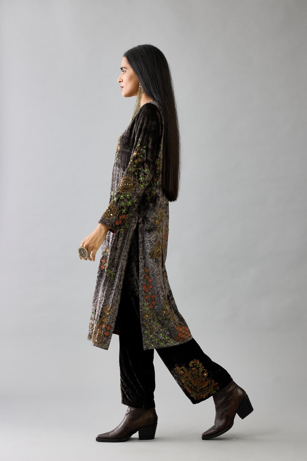 Grey silk velvet straight mid length kurta with all-over hand block print, highlighted with beads, sequins and zari work.