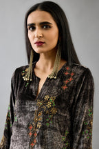Grey silk velvet straight mid length kurta with all-over hand block print, highlighted with beads, sequins and zari work.