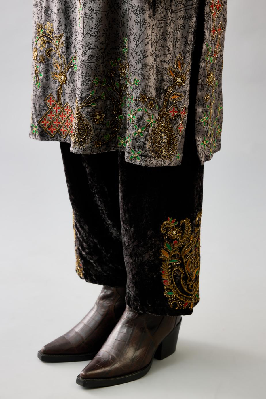 Grey silk velvet straight mid length kurta with all-over hand block print, highlighted with beads, sequins and zari work.