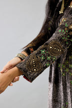 Grey silk velvet straight mid length kurta with all-over hand block print, highlighted with beads, sequins and zari work.