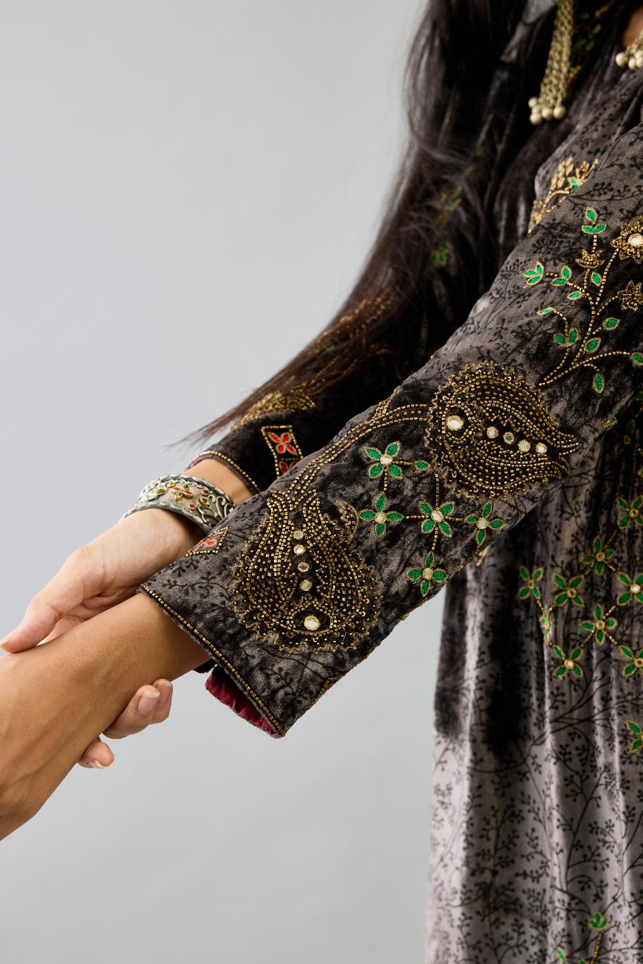 Grey silk velvet straight mid length kurta with all-over hand block print, highlighted with beads, sequins and zari work.