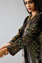 Grey silk velvet straight mid length kurta with all-over hand block print, highlighted with beads, sequins and zari work.