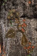 Grey silk velvet straight mid length kurta with all-over hand block print, highlighted with beads, sequins and zari work.