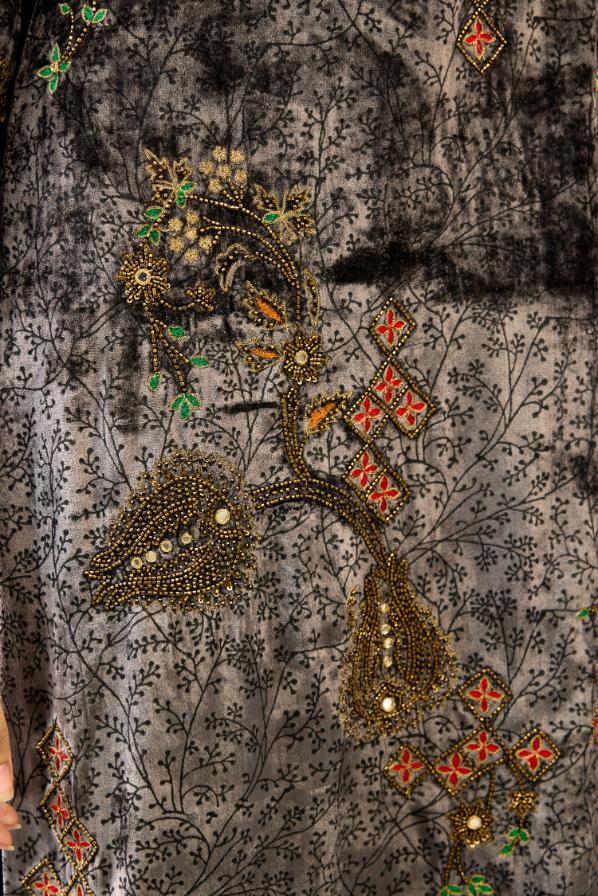 Grey silk velvet straight mid length kurta with all-over hand block print, highlighted with beads, sequins and zari work.