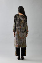 Grey silk velvet straight mid length kurta with all-over hand block print, highlighted with beads, sequins and zari work.