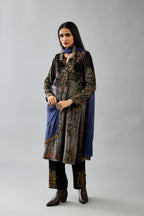 Grey silk velvet straight mid length kurta with all-over hand block print, highlighted with beads, sequins and zari work.