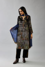 Grey silk velvet straight mid length kurta with all-over hand block print, highlighted with beads, sequins and zari work.