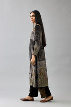 Grey silk velvet straight mid length kurta with all-over hand block print, highlighted with beads, sequins and zari work at neck & hem.