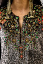 Grey silk velvet straight mid length kurta with all-over hand block print, highlighted with beads, sequins and zari work at neck & hem.