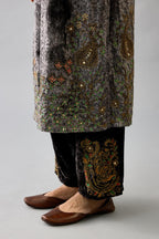 Grey silk velvet straight mid length kurta with all-over hand block print, highlighted with beads, sequins and zari work at neck & hem.