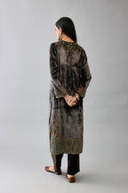Grey silk velvet straight mid length kurta with all-over hand block print, highlighted with beads, sequins and zari work at neck & hem.