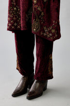 Maroon silk velvet short easy fit kurta set with straight hem and all-over hand block print, highlighted with beads, sequins and zari work.