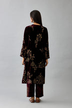 Maroon silk velvet straight mid length kurta with all-over hand block print, highlighted with beads, sequins and zari work.