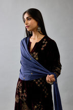 Maroon silk velvet straight mid length kurta with all-over hand block print, highlighted with beads, sequins and zari work.
