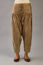 Taupe silk chanderi narrow salwar with dori and contrast silk thread embroidery,  detailed with gold sequins work.