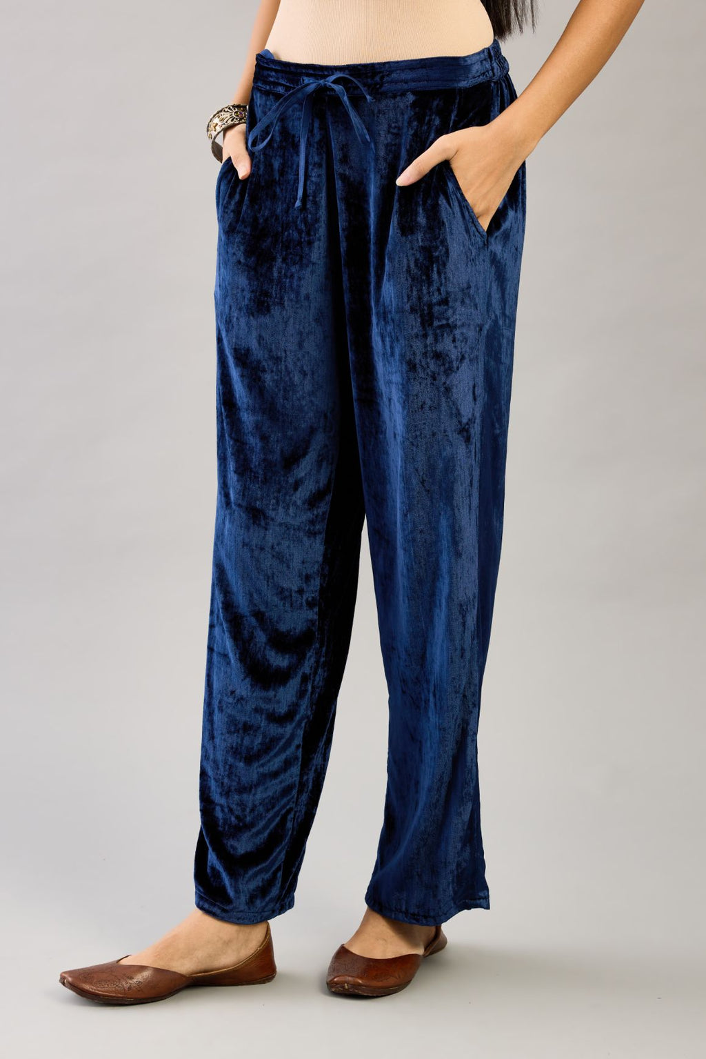 Blue silk velvet straight pants.
