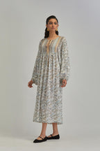 Off White dress with all-over earthy coloured hand block print and Aari thread work yoke.