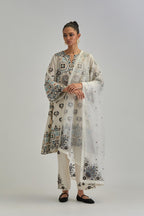 Off White silk Chanderi straight hem mid-length abha style kurta set with bold appliqué embroidery along with earthy-coloured Aari thread work and tassels.