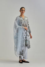 Blue silk organza dupatta with appliqué work and earthy coloured flower embroidery all-over the dupatta.