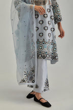 Blue silk organza dupatta with appliqué work and earthy coloured flower embroidery all-over the dupatta.