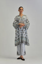 Blue silk Chanderi straight hem mid-length abha style kurta set with bold appliqué embroidery along with earthy-coloured Aari thread work and tassels.
