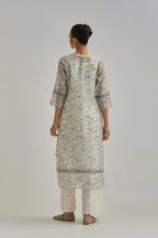 Silk Chanderi kurta set with all-over earthy coloured hand block print and embroidery at neck, kurta hem and sleeves.