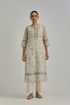 Silk Chanderi kurta set with all-over earthy coloured hand block print and embroidery at neck, kurta hem and sleeves.