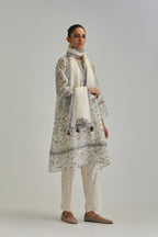 Silk Chanderi short A-line kurta set with all-over earthy coloured hand block print and embroidery at kurta hem and sleeves.