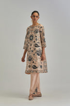 Pink short A-line silk Chanderi kurta set, fully embroidered with earthy coloured appliqué with Aari thread work and silk tassels.