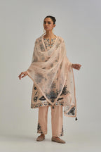 Pink short A-line silk Chanderi kurta set, fully embroidered with earthy coloured appliqué with Aari thread work and silk tassels.
