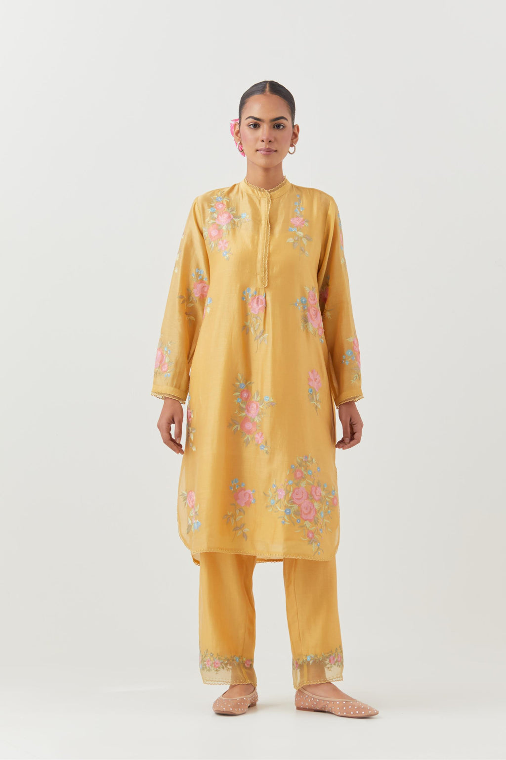 Yellow silk chanderi short, shirt-kurta set with all-over embroidered thread roses.