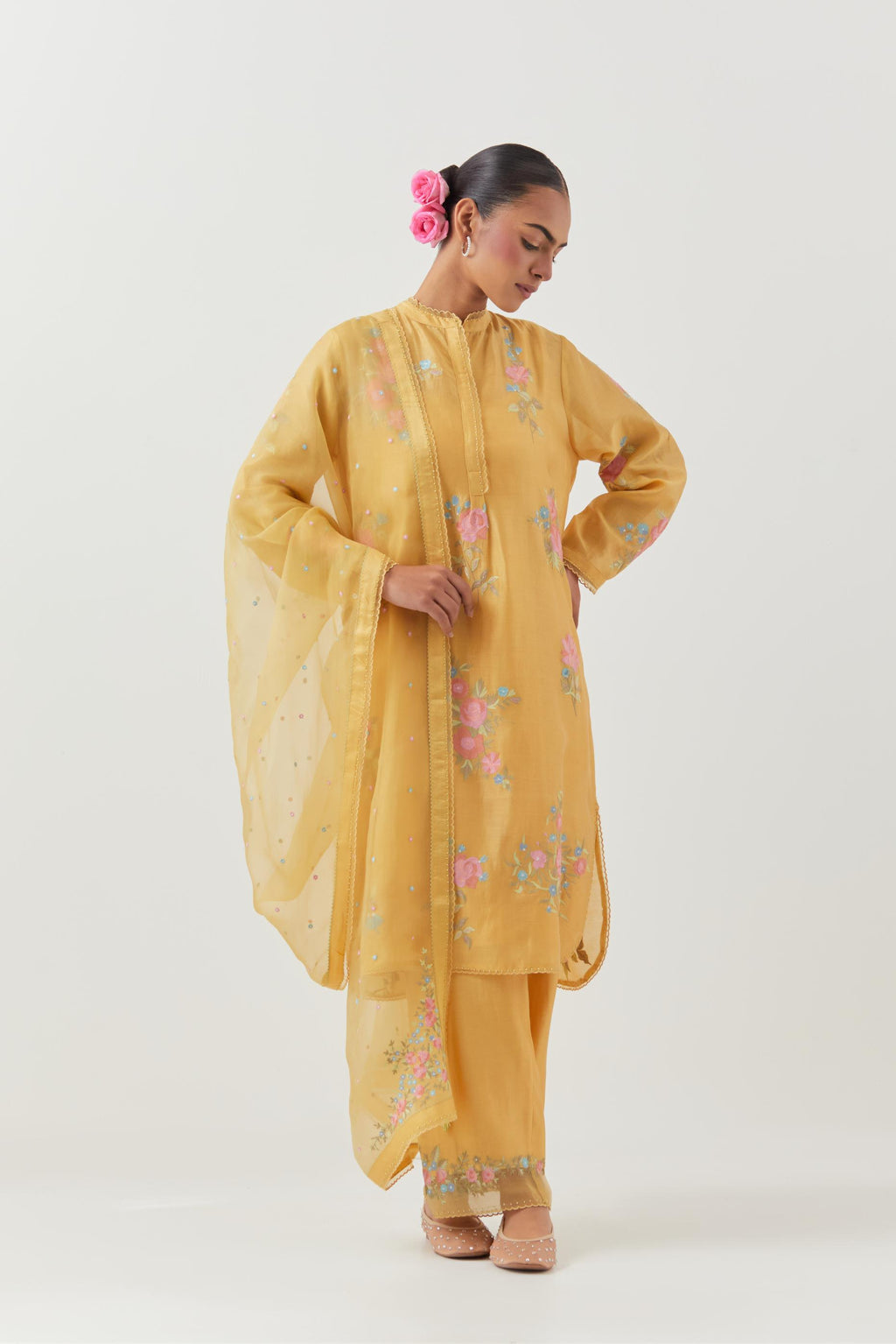 Yellow silk chanderi short, shirt-kurta set with all-over embroidered thread roses.