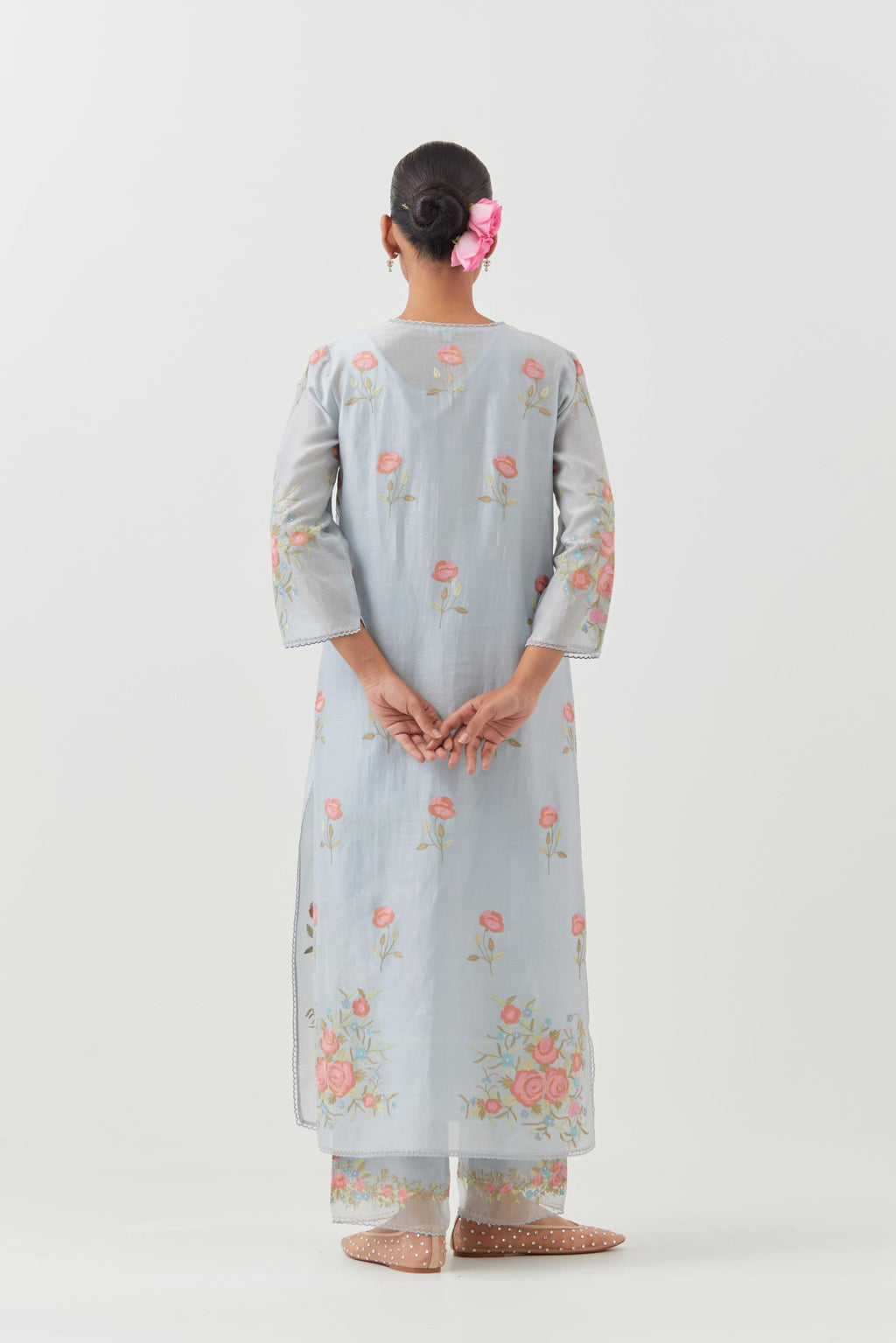 Blue silk Chanderi straight kurta set with all-over roses embroidered in thread and scalloped organza detail at the edges.