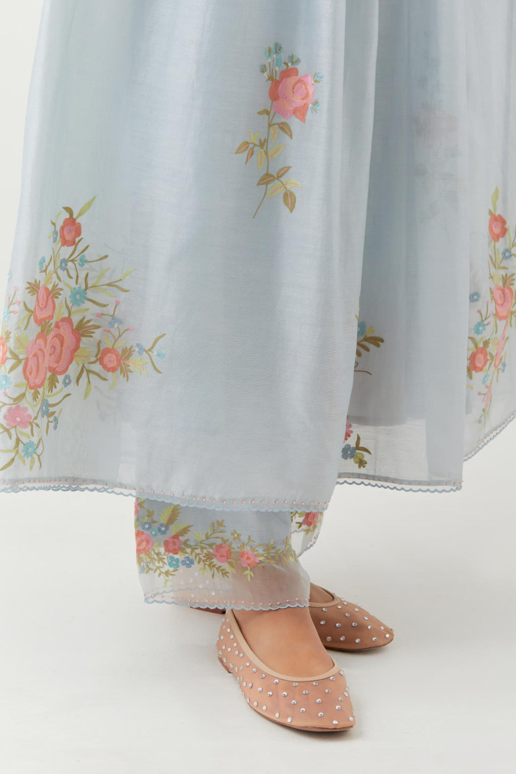 Blue silk chanderi Kurta dress set with all-over assorted thread embroidery floral bunches.