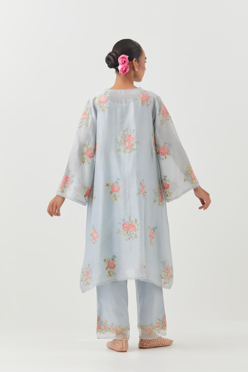 Blue silk chanderi A-line short kurta set, with thread embroidery roses all over.