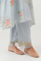 Blue silk chanderi A-line short kurta set, with thread embroidery roses all over.