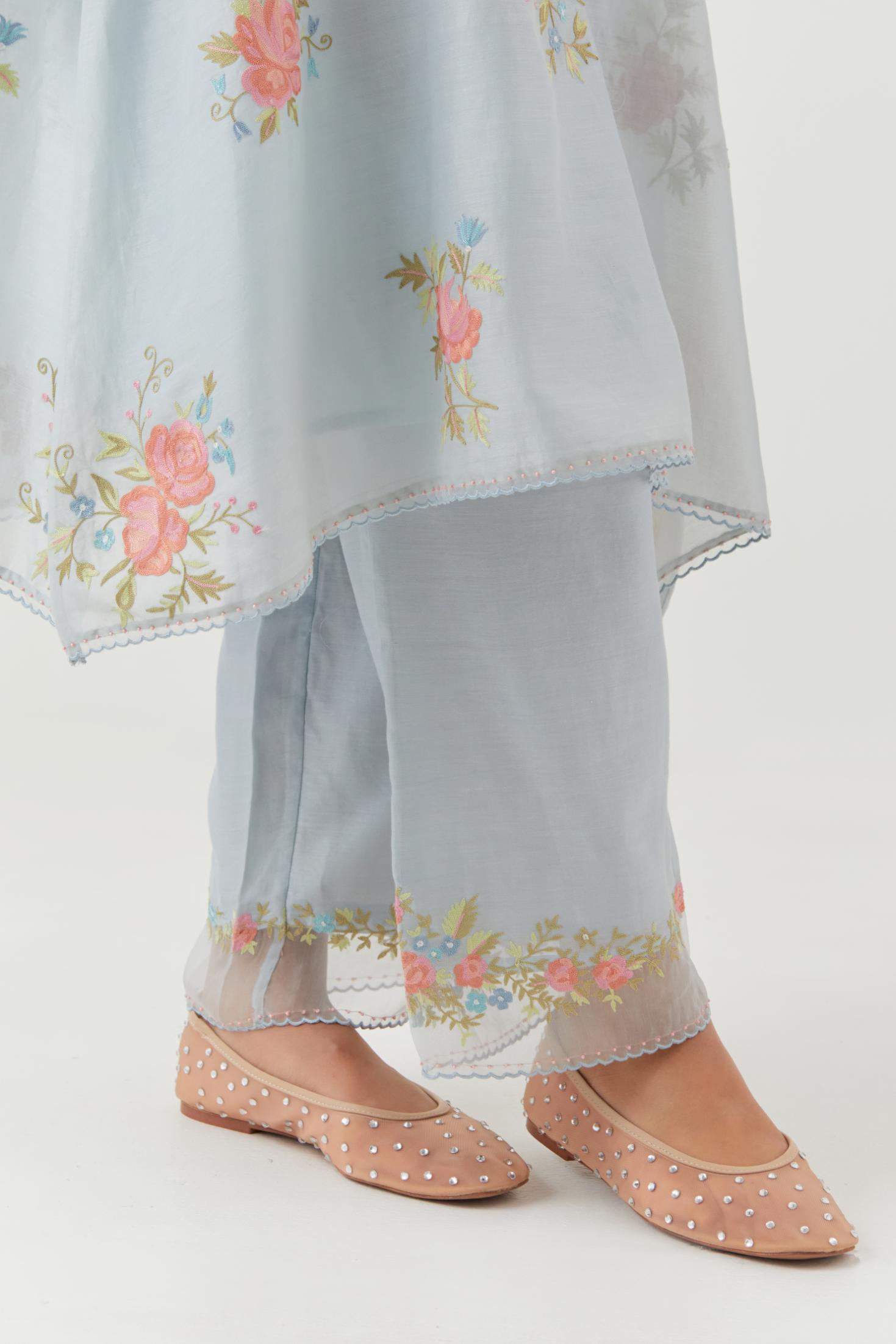 Blue silk chanderi A-line short kurta set, with thread embroidery roses all over.
