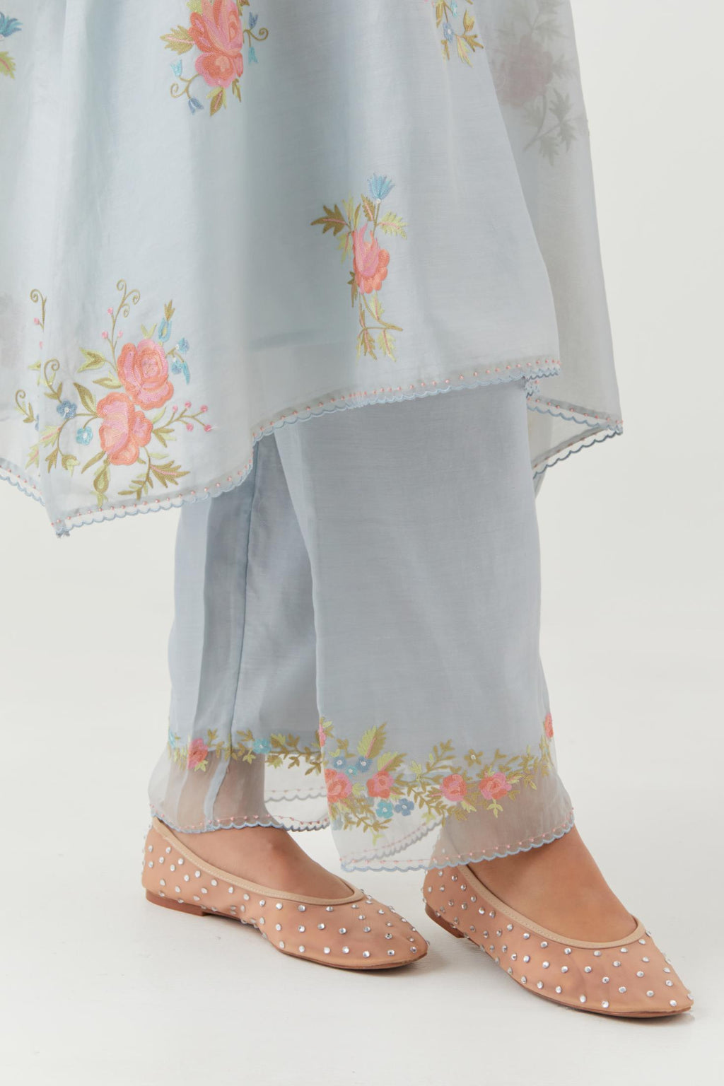 Blue silk chanderi A-line short kurta set, with thread embroidery roses all over.