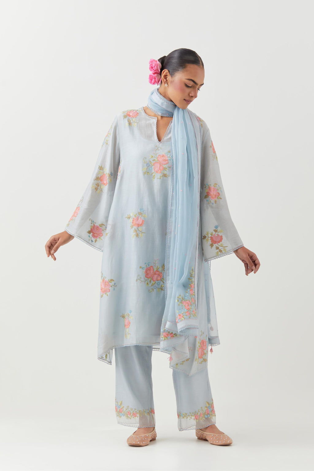 Blue silk chanderi A-line short kurta set, with thread embroidery roses all over.