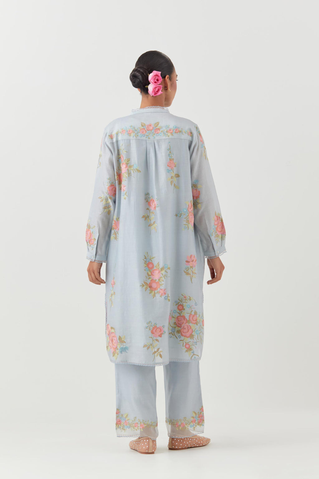 Blue silk chanderi short, shirt-kurta set with all-over embroidered thread roses.