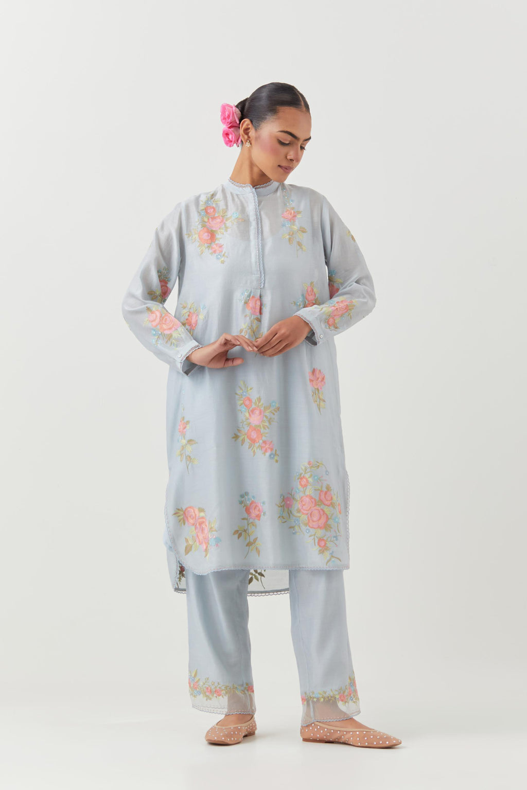 Blue silk chanderi short, shirt-kurta set with all-over embroidered thread roses.