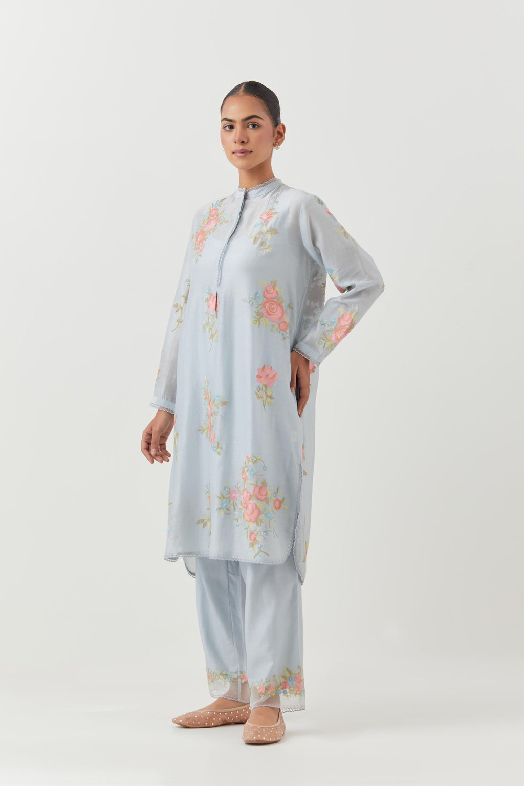 Blue silk chanderi short, shirt-kurta set with all-over embroidered thread roses.