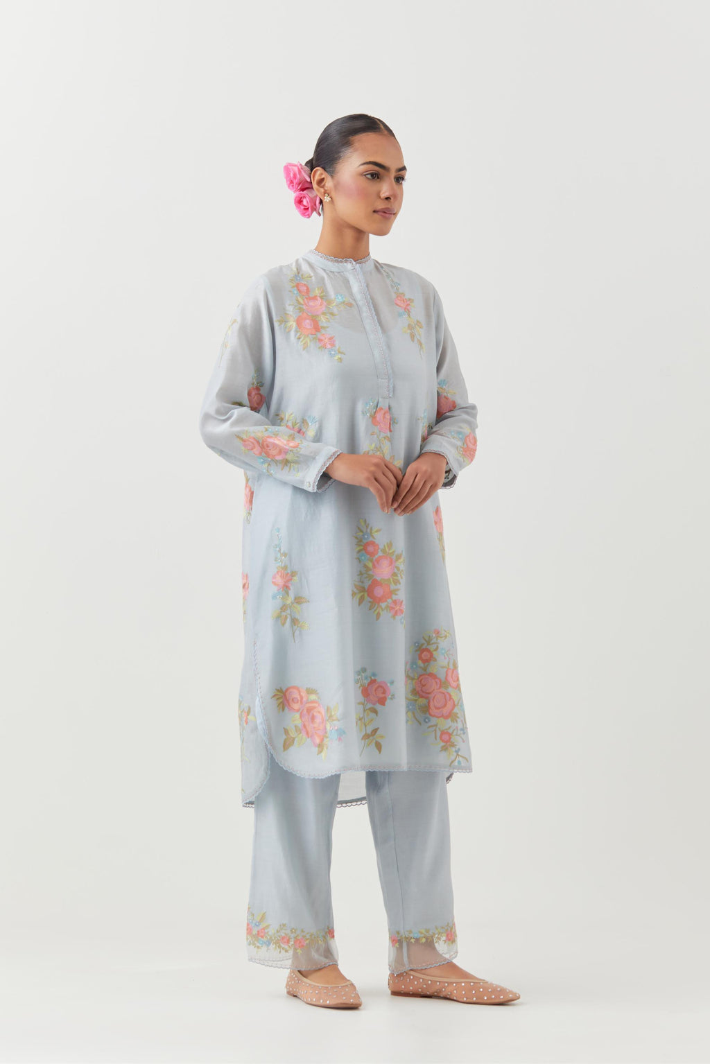 Blue silk chanderi short, shirt-kurta set with all-over embroidered thread roses.