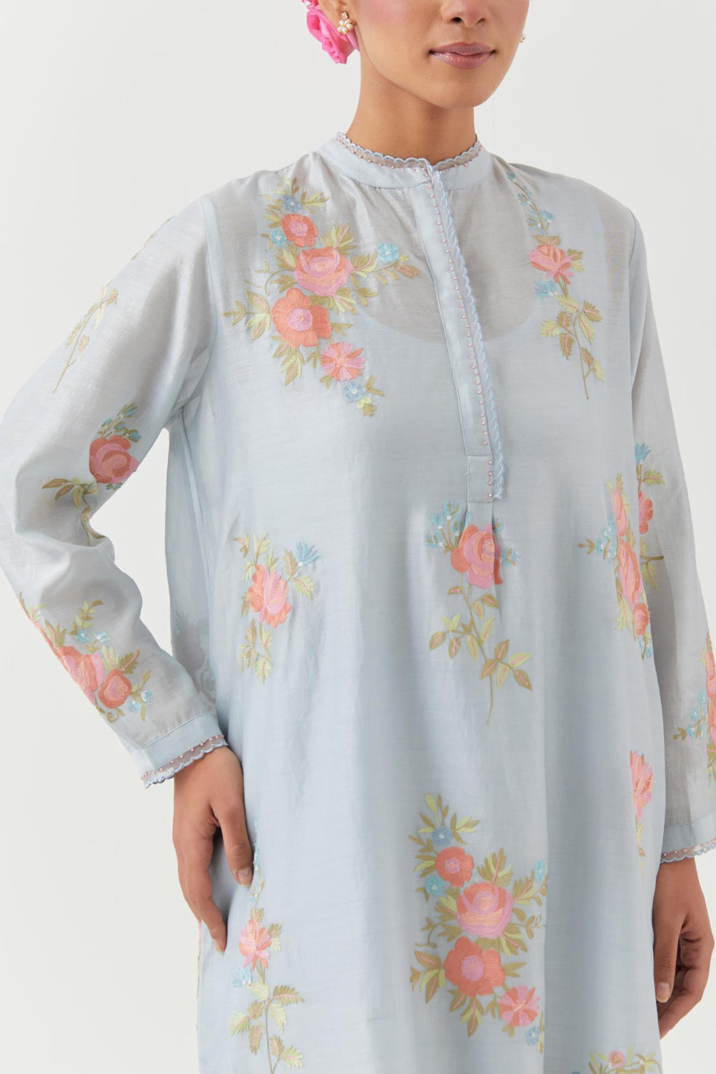 Blue silk chanderi short, shirt-kurta set with all-over embroidered thread roses.