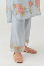 Blue silk chanderi short, shirt-kurta set with all-over embroidered thread roses.
