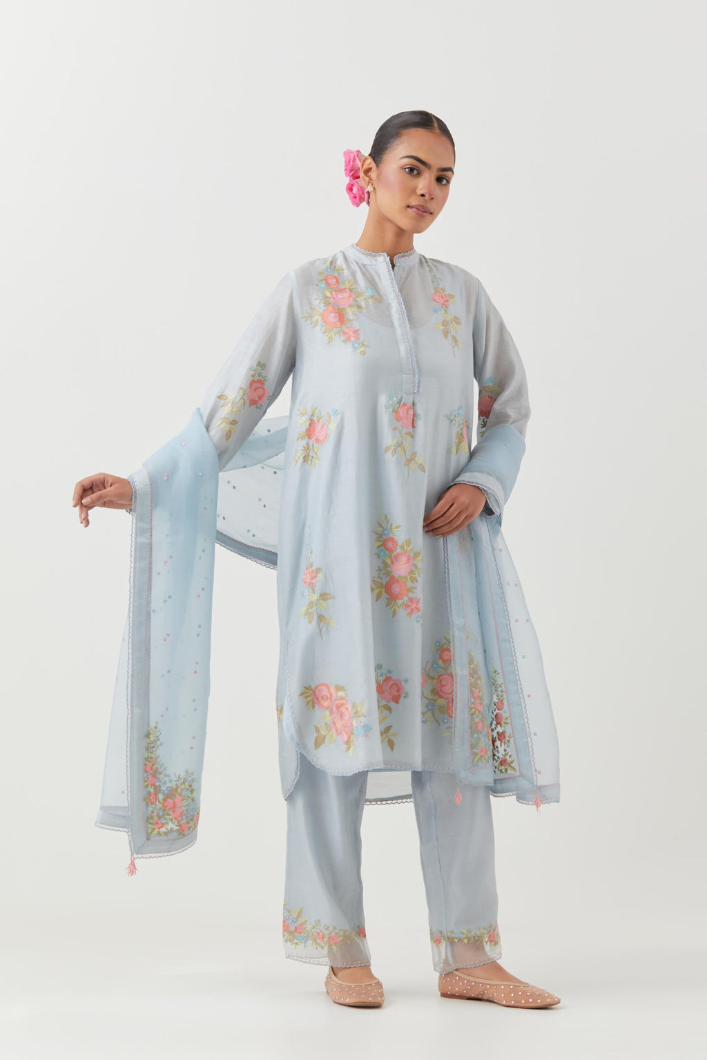 Blue silk chanderi short, shirt-kurta set with all-over embroidered thread roses.