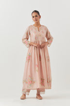 Pink silk chanderi Kurta dress set with all-over assorted thread embroidery floral bunches.