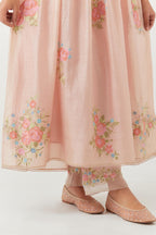 Pink silk chanderi Kurta dress set with all-over assorted thread embroidery floral bunches.